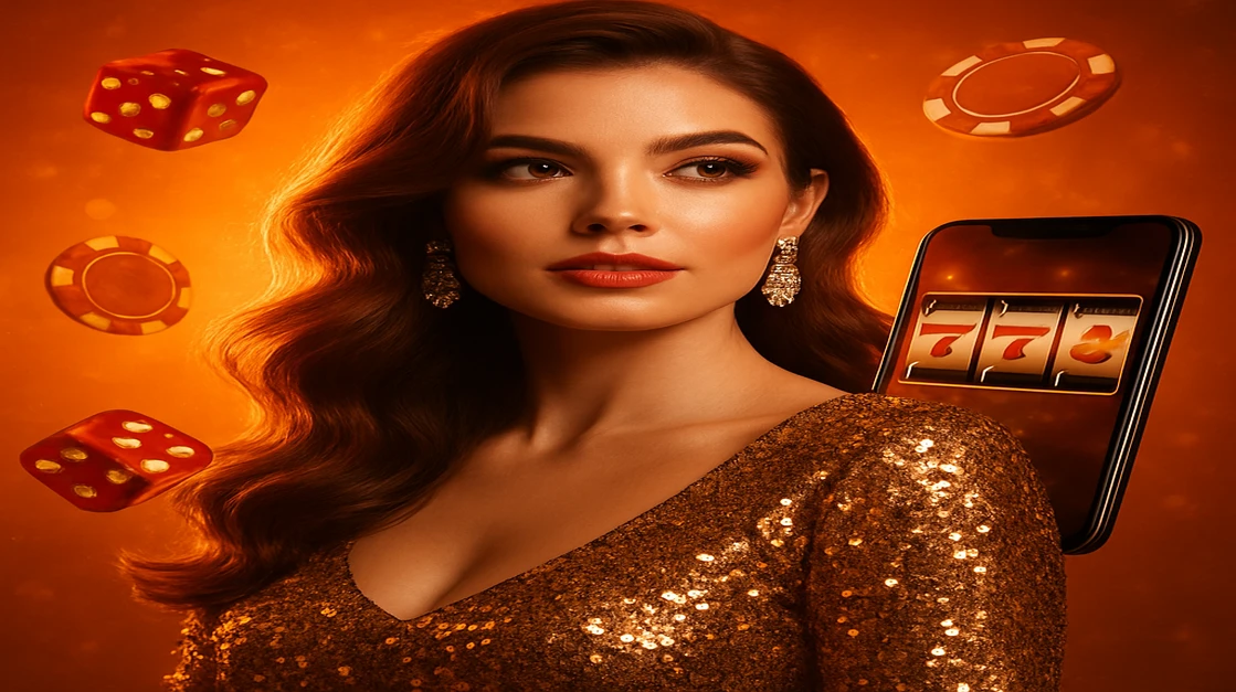 গোল্ডেন পোশাক পরা এক সুন্দরী নারী মোবাইল ফোন ধরেছেন; সামনে একটি গেম স্ক্রিন, চারপাশে স্বর্ণালি চিপ ও পাশা ছড়িয়ে আছে — 456bed প্ল্যাটফর্মের দৃশ্য।