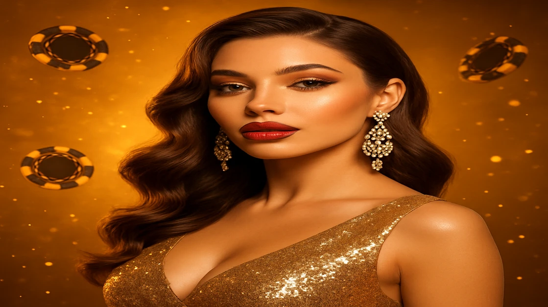 আকর্ষণীয় এক নারী সোনালি পোশाक ও ঝলমলে কানের অলঙ্কার পরে, 456bed গেমিং প্ল্যাটফর্মে ভাসমান চিপ ও জ্বলজ্বল করা আলো দ্বারা ঘেরা।